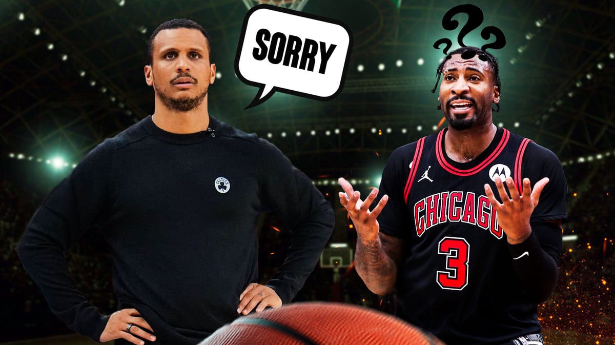 Celtics' Joe Mazzulla with speech balloon that says “Sorry.” Andre Drummond with question marks above his head