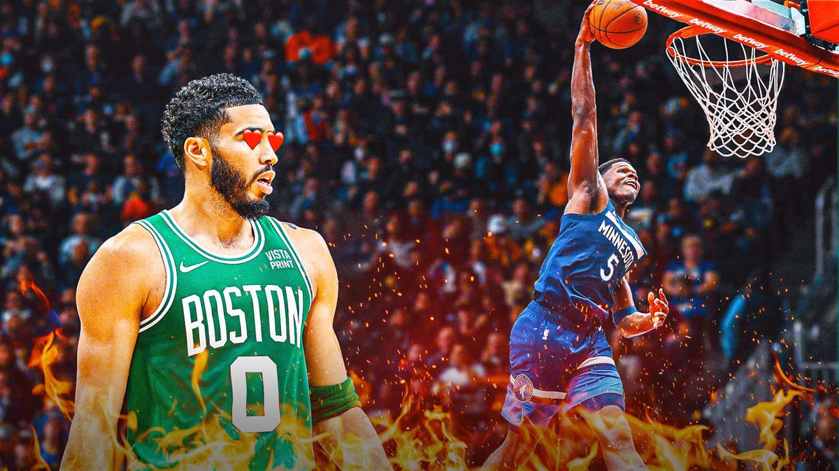 Timberwolves' Anthony Edwards dunking on the left, with Celtics' Jayson Tatum heart eyes towards Edwards