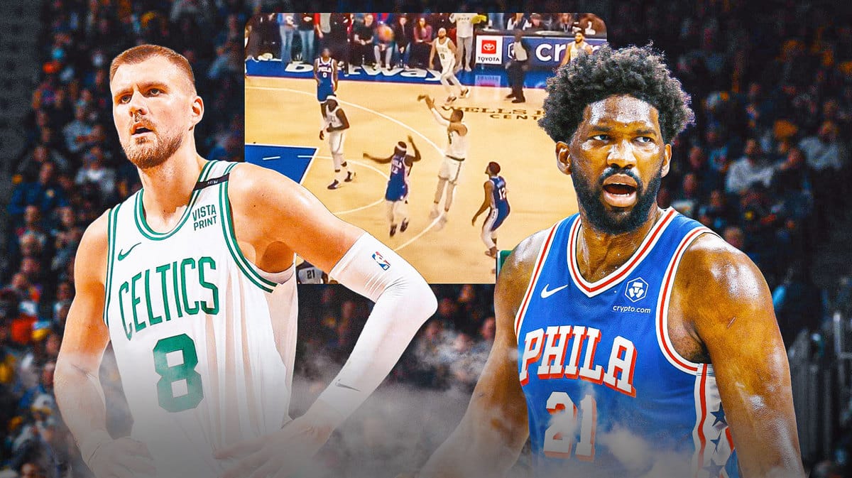 Screenshot of Celtics' Kristaps Porzingis missed 3, with Porzingis looking frustrated and Sixers' Joel Embiid celebrating