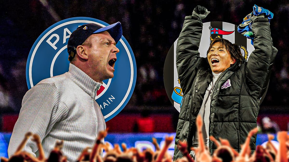 Fans shouting towards each other, the PSG and Newcastle logo on the sides