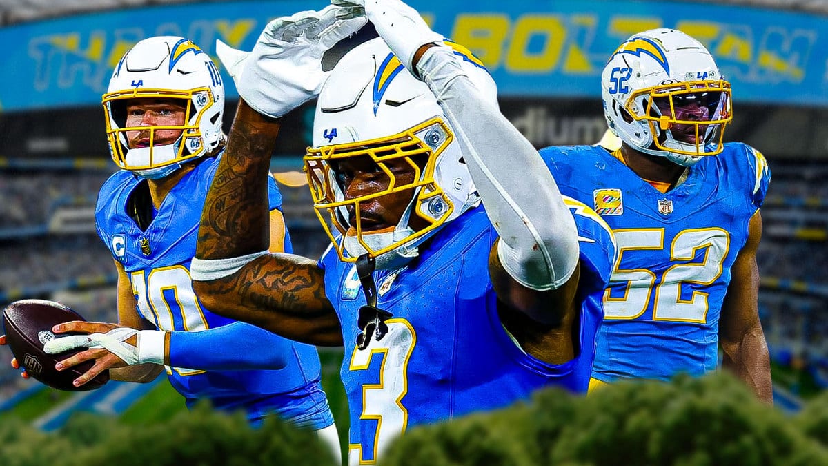 Los Angeles Chargers' Khalil Mack, Justin Herbert, and Derwin James