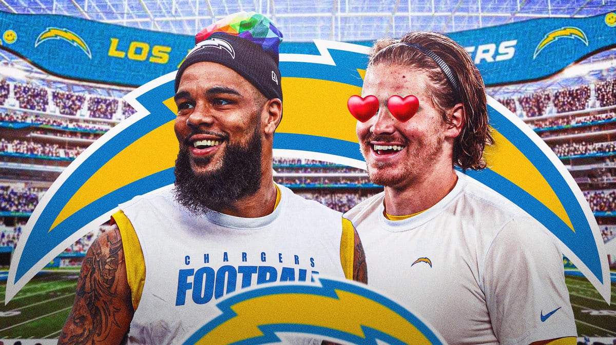 Thumb: Keenan Allen looking happy in Chargers practice gear. Justin Herbert with heart eyes/