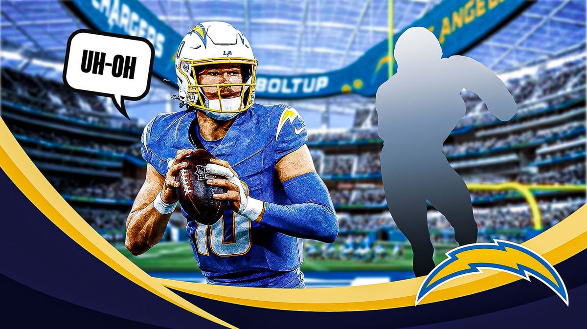 Chargers QB Justin Herbert playing football next to a silhouette