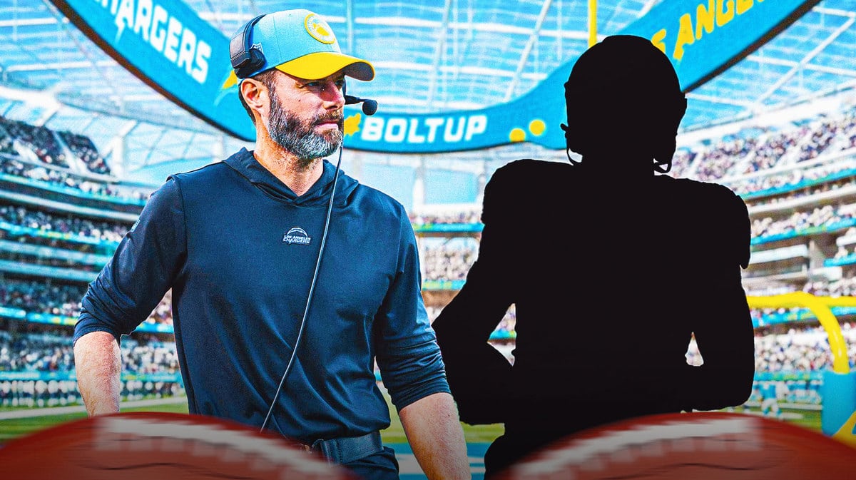 Los Angeles Chargers head coach Brandon Staley and silhouette of Nick Vannett
