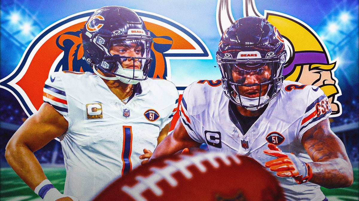 Justin Fields and DJ Moore with Bears and Vikings logos