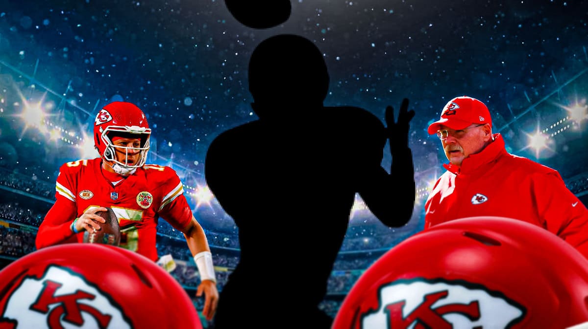 Chiefs' Patrick Mahomes and Andy Reid standing next to a silhouette of a wide receiver
