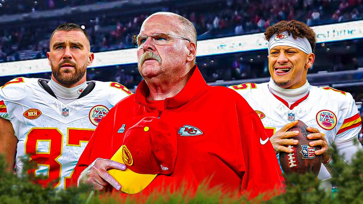 Kansas City Chiefs' Andy Reid, Patrick Mahomes, and Travis Kelce in front of fans.