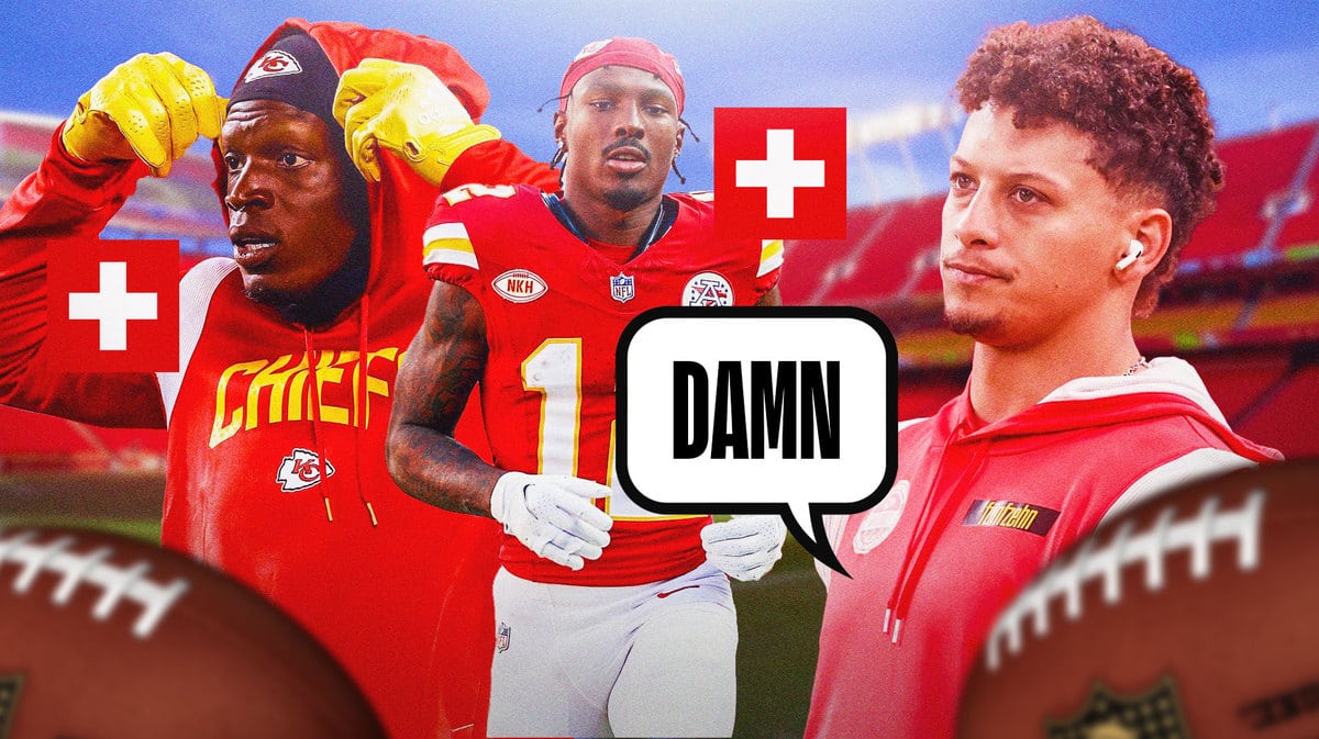 Kadarius Toney, Mecole Hardman sitting on a bench looking serious in Chiefs jerseys, Patrick Mahomes looking serious saying “Damn”