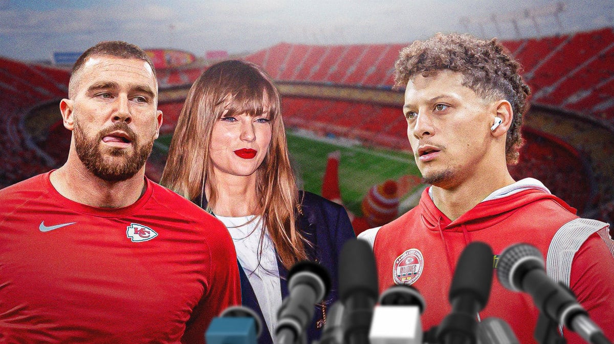 Travis Kelce, Taylor Swift, and Patrick Mahomes with Kansas City Chiefs field in background.