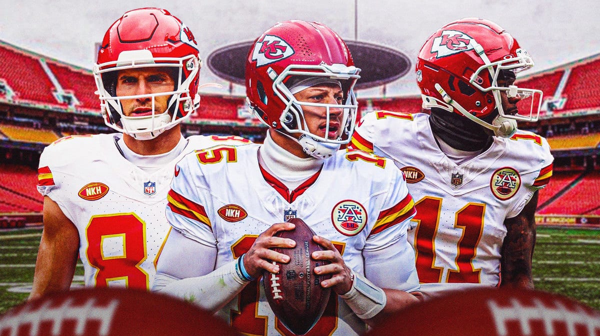 Kansas City Chiefs quarterback Patrick Mahomes with receivers Justin Watson and Marquez Valdes-Scantling in front of Arrowhead Stadium.