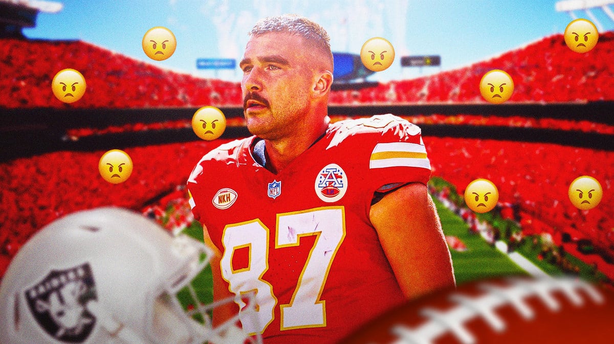 Travis Kelce with angry emojis. Raiders helmet