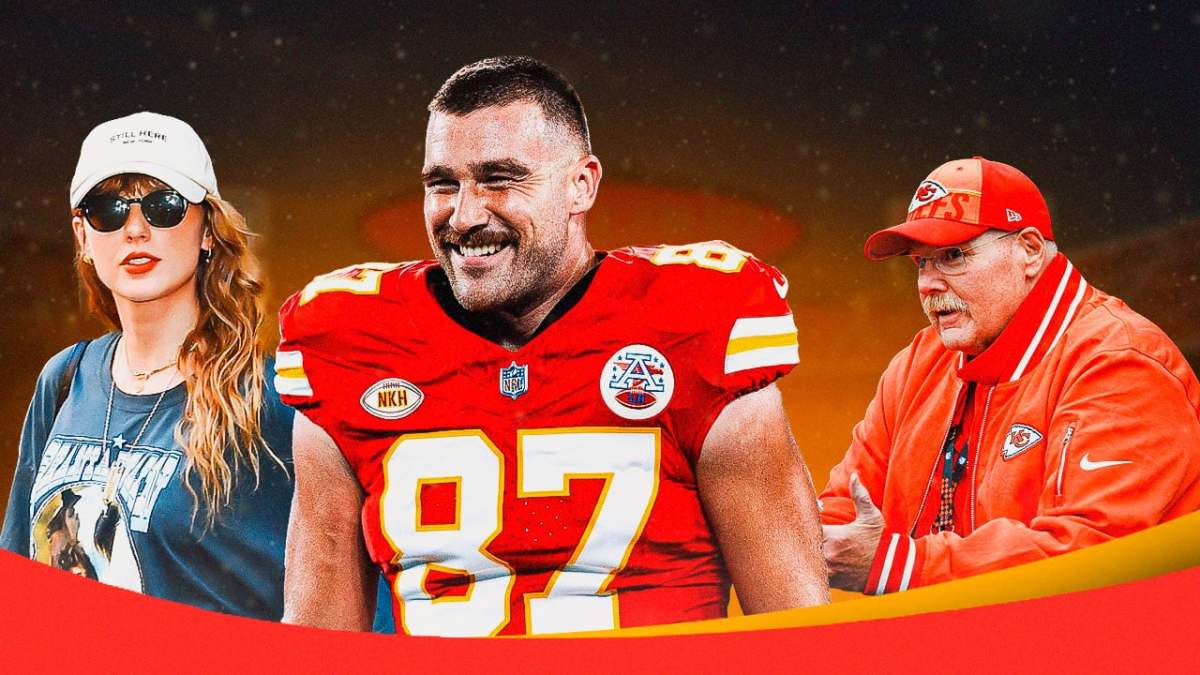 Taylor Swift and Travis Kelce with heart eyes. Chiefs coach Andy Reid doing a thumbs up