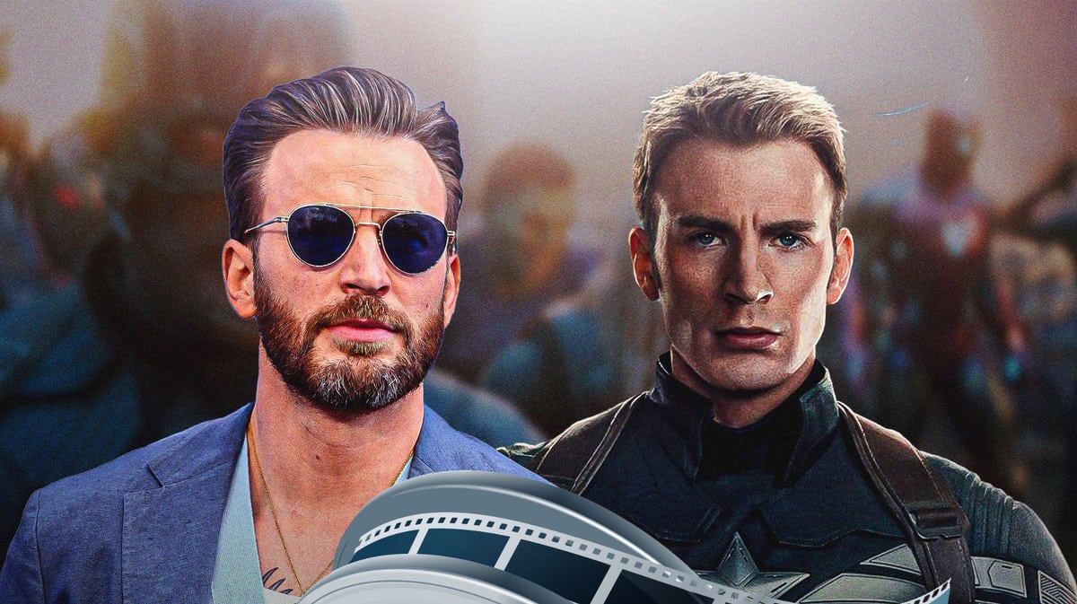 Chris Evans next to Captain America with MCU Avegers: Endgame background.