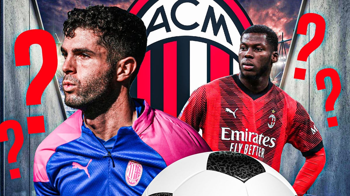 Christian Pulisic and Yunus Musah looking down/sad in front of the AC Milan logo, questionmarks in the air