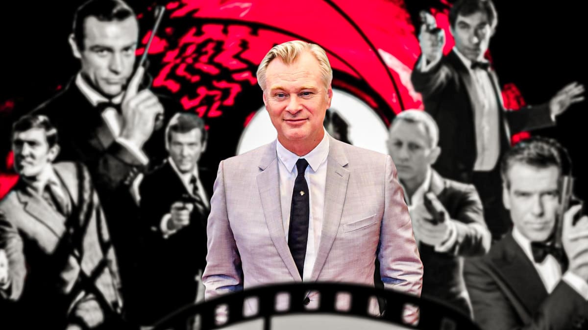 Christopher Nolan with various James Bond images in background.