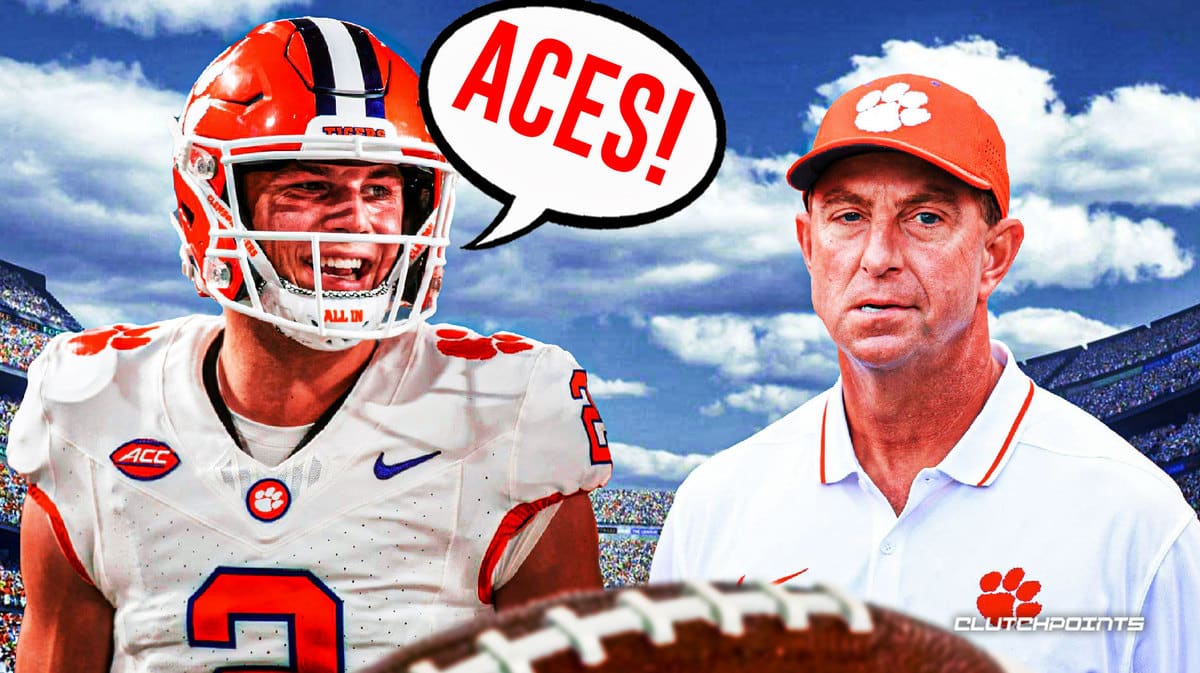 Cade Klubnik smiling in Clemson jersey saying “Aces!”, Dabo Swinney beside him in Clemson gear