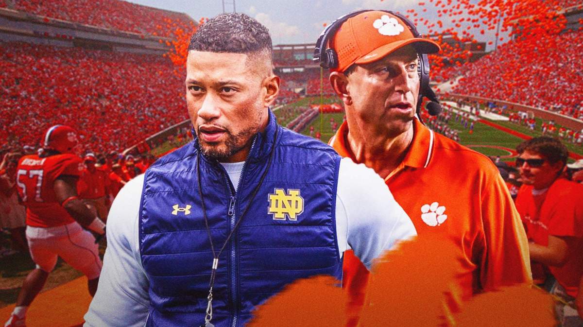 Clemson football, Notre Dame football, Fighting Irish, Tigers, Cade Klubnik, Marcus Freeman and Dabo Swinney with Clemson football stadium in the background