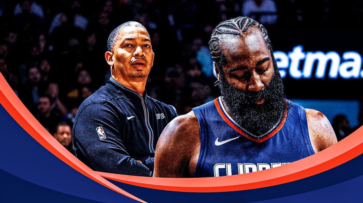 Clippers' Tyronn Lue looking confused with question marks around him, with James Harden looking tired