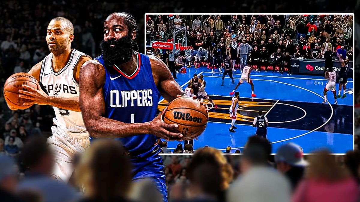 Clippers' James Harden standing beside Spurs Tony Parker with a screenshot of Harden's game-winner vs. Rockets