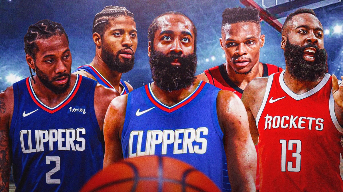 James Harden in a Clippers uniform in the middle, with Kawhi Leonard and Paul George talking on the left and Harden and Russell Westbrook in Rockets uniforms celebrating on the right