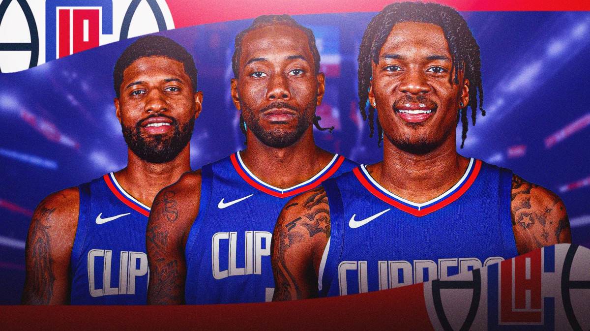 Paul George, Kawhi Leonard and Bones Hyland with the Clippers arena in the background