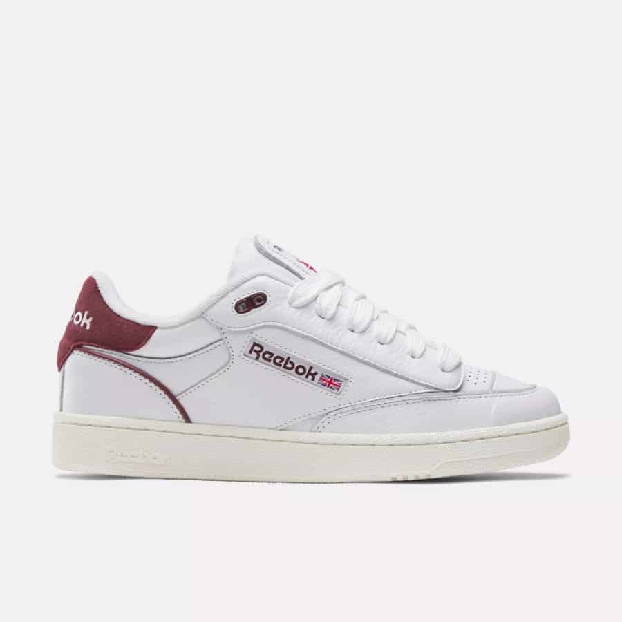 Club C Bulc Shoes - White/Classic Burgundy/Chalk colorway on a light gray background.