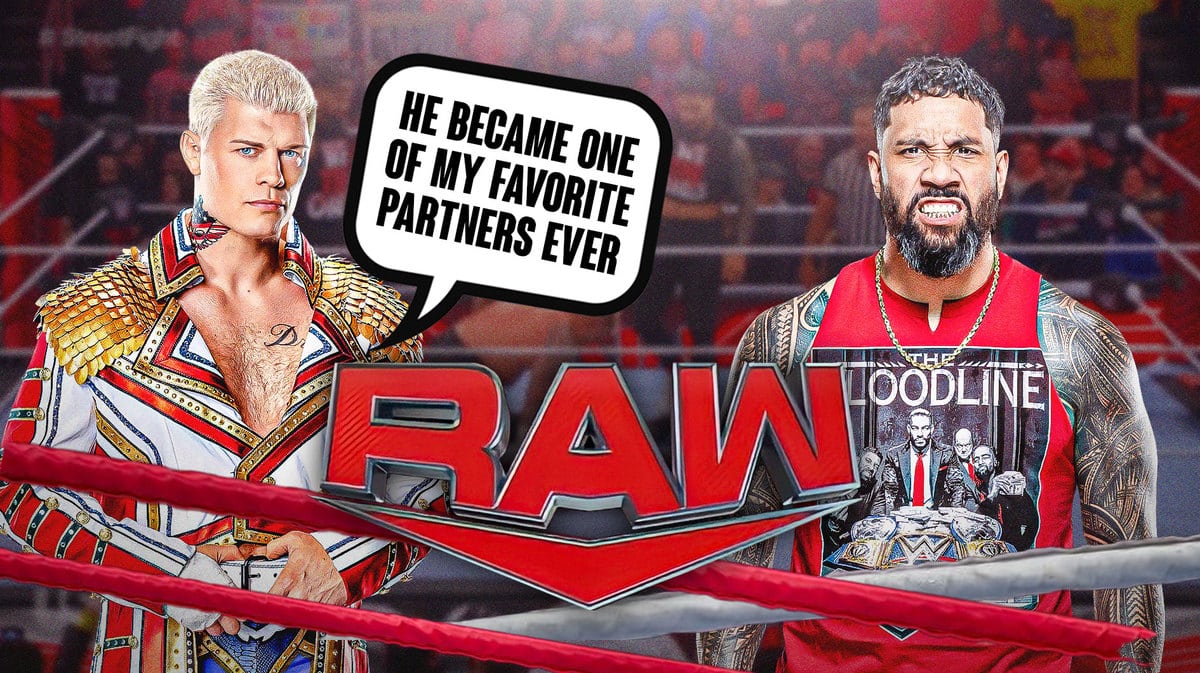Cody Rhodes with a text bubble reading “He became one of my favorite partners ever” next to Jey Uso with the RAW logo as the background.