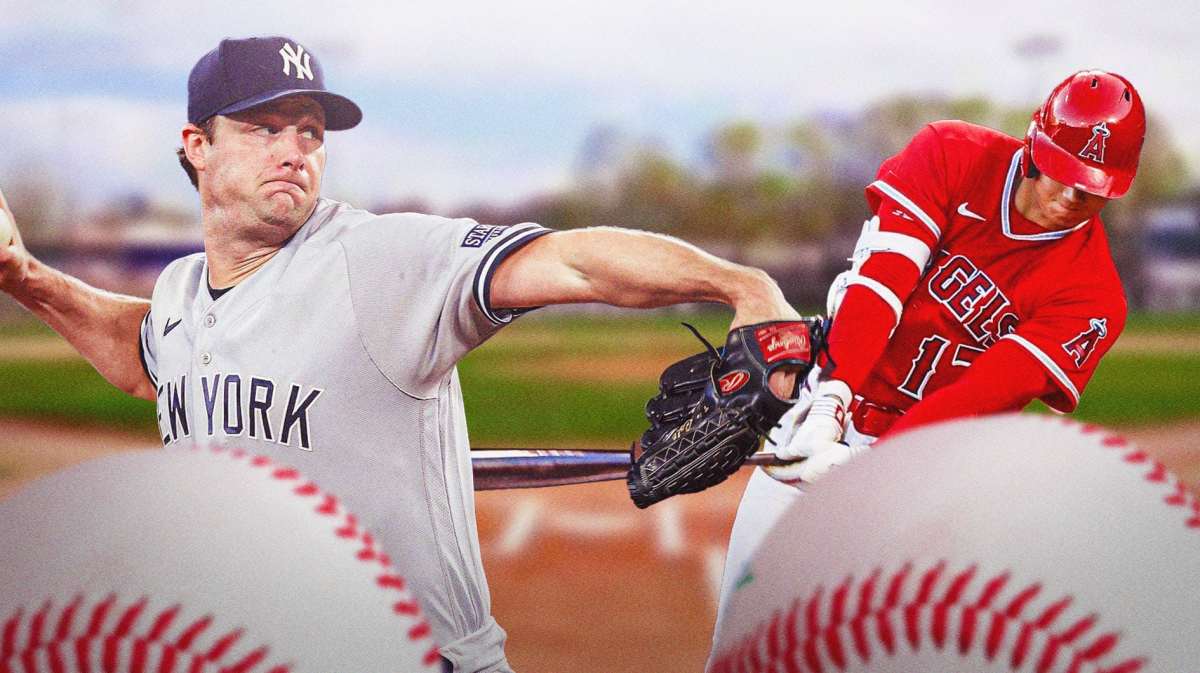 Yankees' Gerrit Cole pitching a baseball to Angels' Shohei Ohtani swinging a bat.