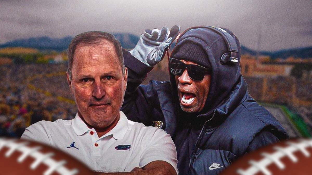 Colorado assistant coach Tim Brewster on the left. Colorado football coach Deion Sanders on the right, yelling at Brewster.