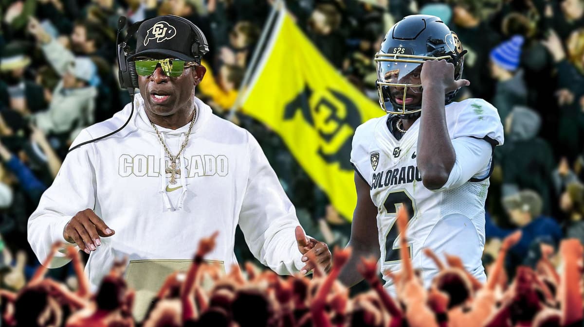 Photo: Deion Sanders in Colorado gear with Shedeur Sanders in Colorado uniform, fans in the back