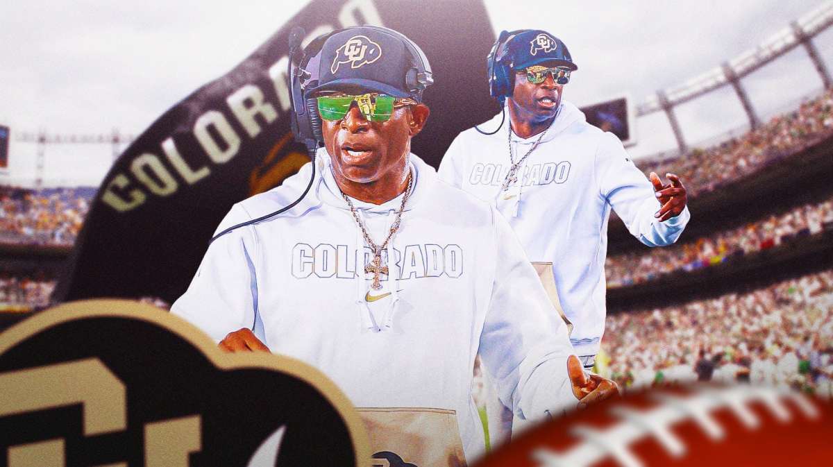 Colorado football, Buffaloes, Deion Sanders, Shedeur Sanders, Colorado o-line, Deion Sanders with Colorado football stadium in the background