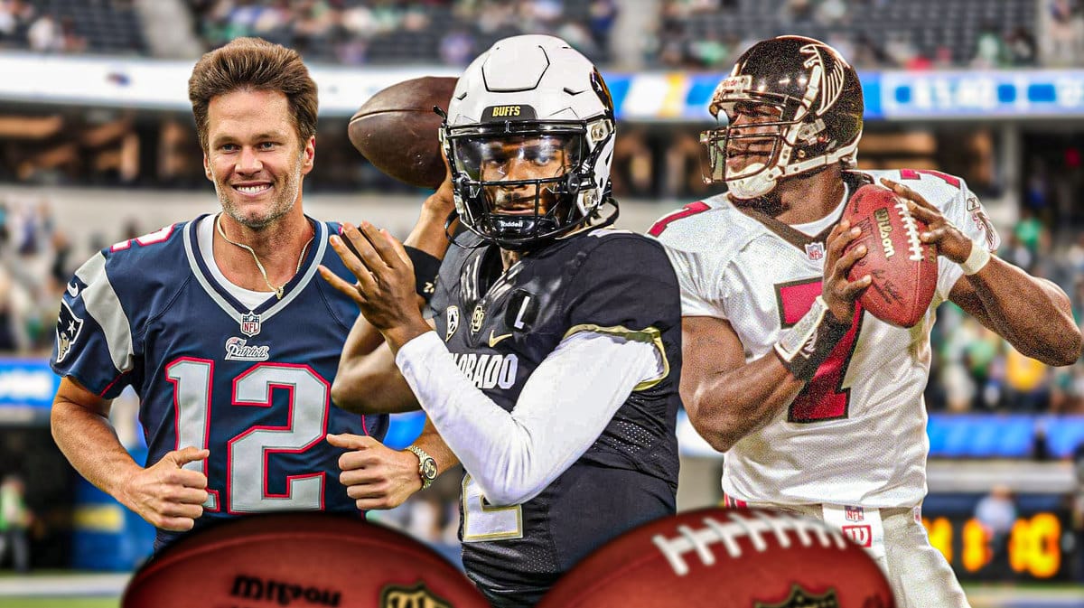 Colorado football QB Shedeur Sanders, with Tom Brady and Michael Vick behind him
