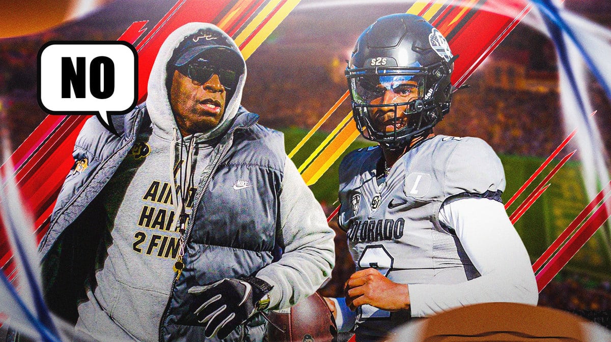 Shedeur Sanders in action in Colorado football jersey, Deion Sanders coaching saying “No”