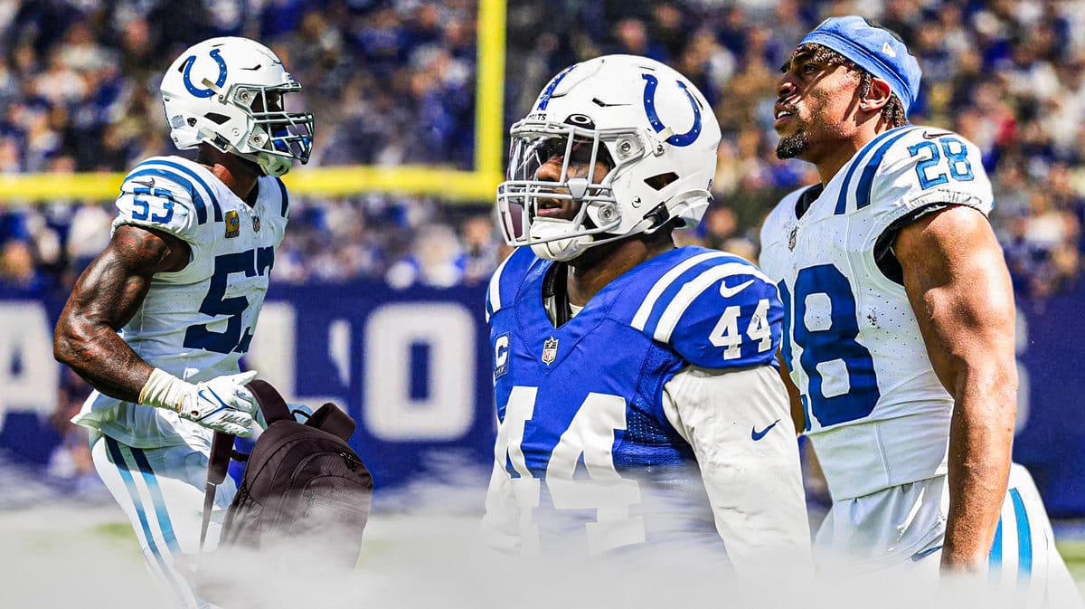 Thumb: Colts' Shaquille Leonard holding a backpack. Zaire Franklin, Jonathan Taylor looking sad.