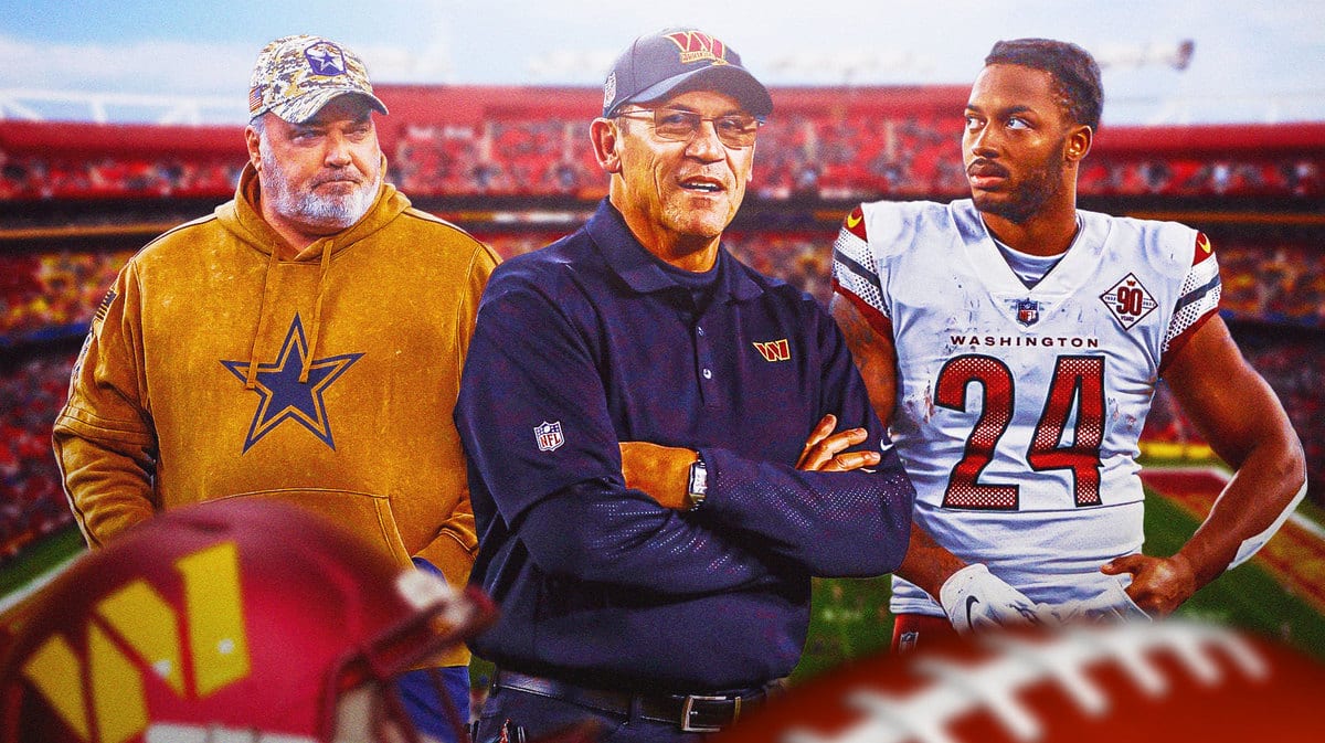 Commanders RB Antonio GIbson looking at HC Ron Rivera and Cowboys HC Mike MCarthy