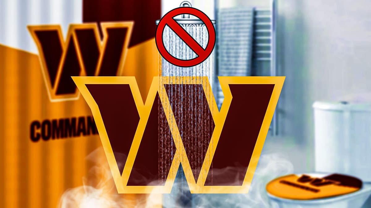 Washington Commanders team logo and a shower head with water coming out of it and a no_entry_sign looking symbol over the shower head to show that the locker rooms didn’t have hot water after the game.