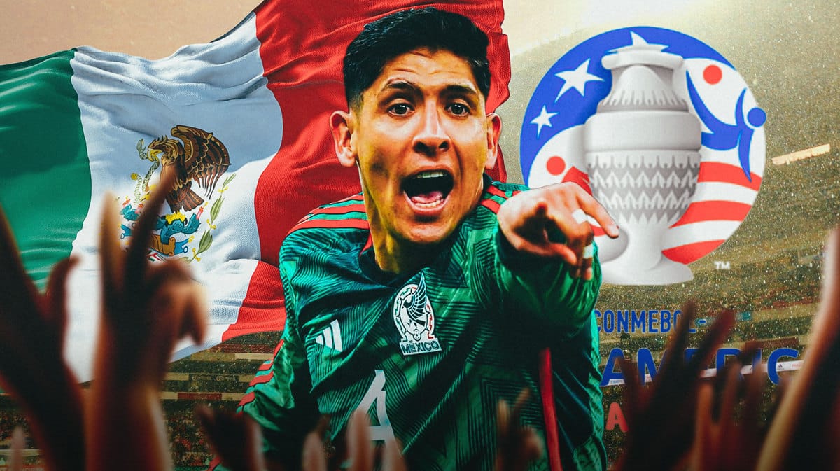 Edson Alvarez celebrating in front of the Mexican flag and the Copa America logo