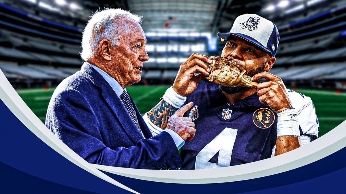 Dak Prescott eating turkey in front of Jerry Jones