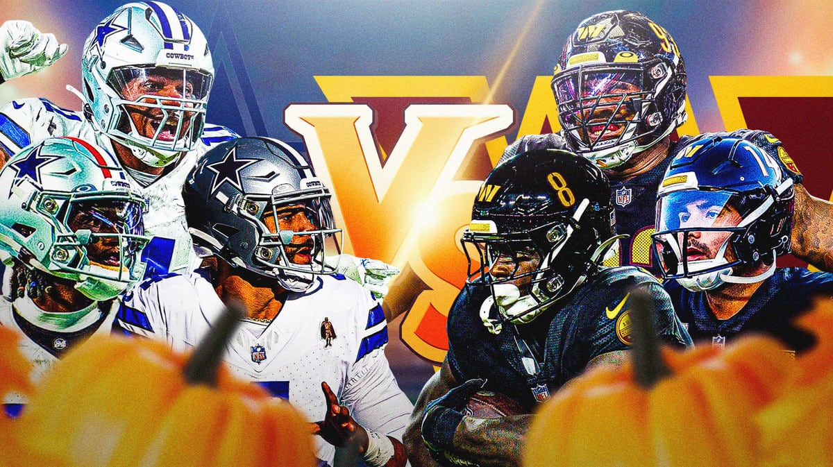 CeeDee Lamb, Dak Prescott, Micah Parsons, Cowboys logo vs. Sam Howell, Brian Robinson Jr., Jonathan Allen, Commanders logo. Thanksgiving theme on the graphic (turkey/pumpkins/fall leaves etc.)