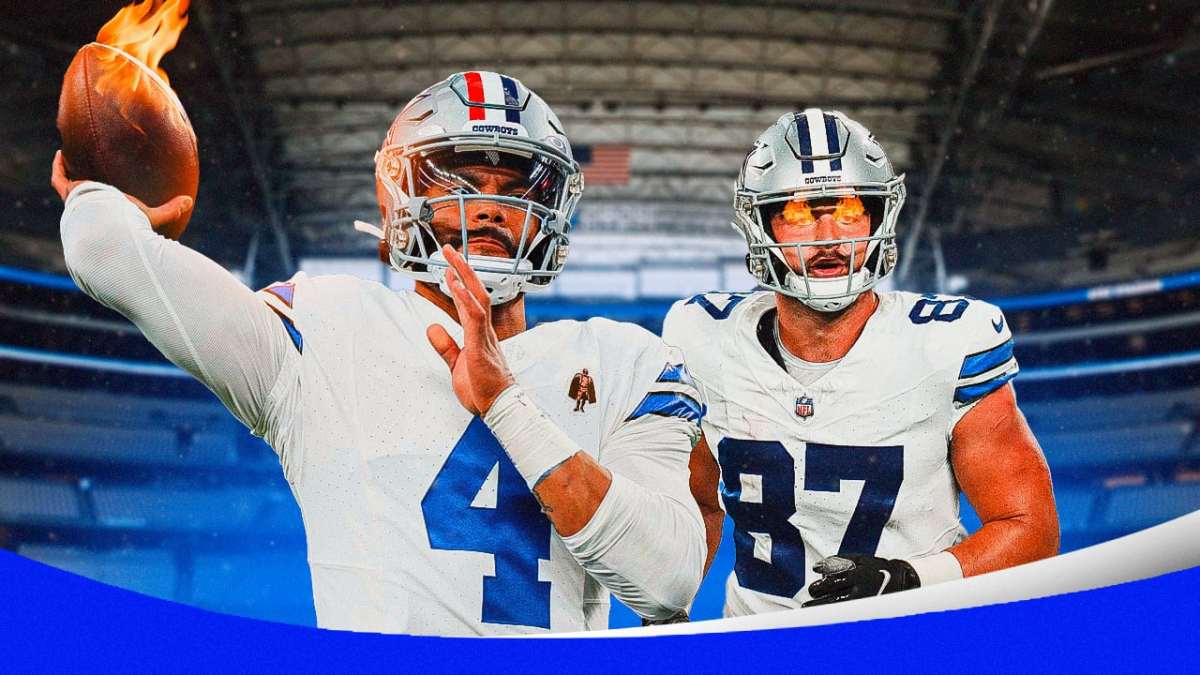 Cowboys' Dak Prescott throwing the ball on fire. Jake Ferguson with fire in his eyes