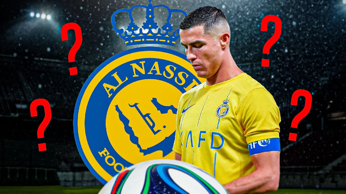 Cristiano Ronaldo in front of the Al-Nassr logo with questionmarks in the air