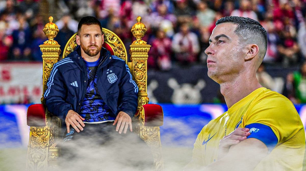 Cristiano Ronaldo looking at Lionel Messi sitting on a throne