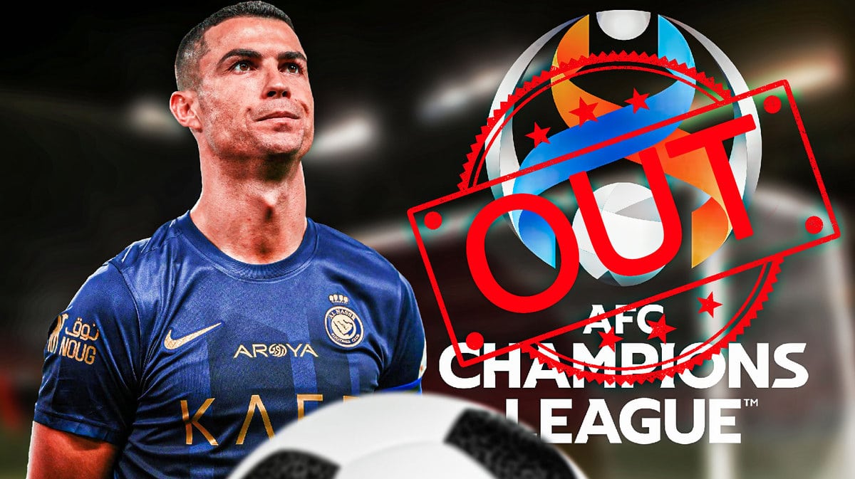 Cristiano Ronaldo in front of the AFC Champions League logo, there is an ‘OUT’ stamp in front of him