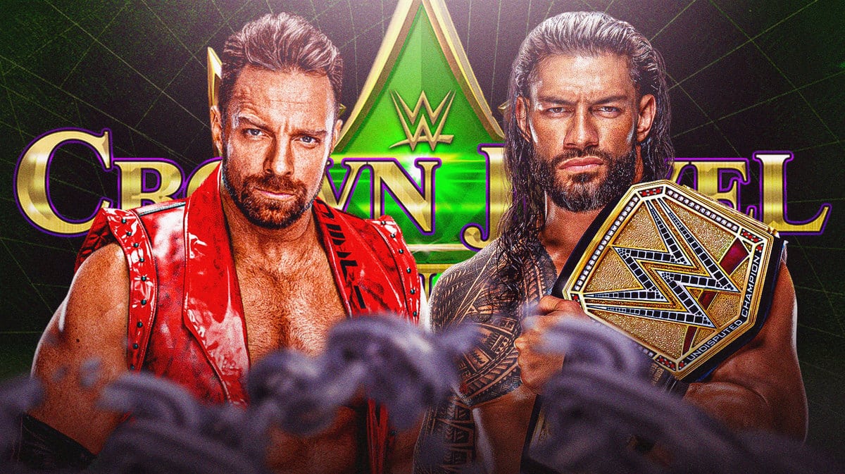 LA Knight and Roman Reigns in front of the WWE Crown Jewel logo.