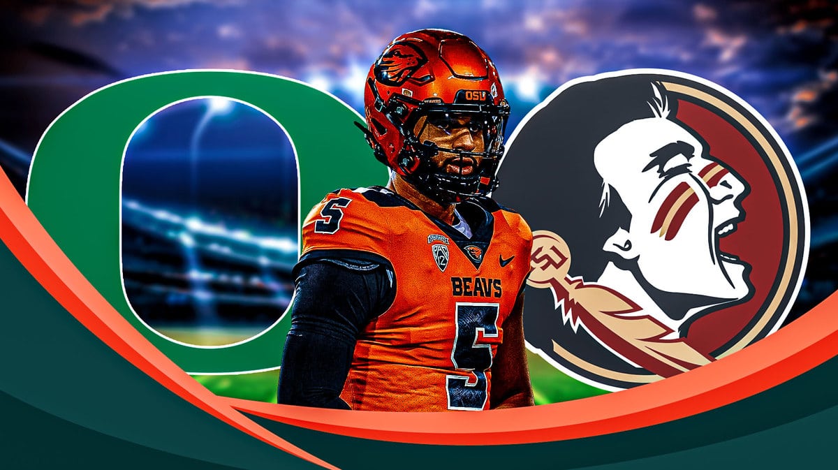 DJ Uiagalelei between the Oregon and Florida State logos