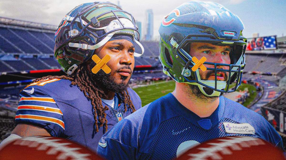 Chicago Bears running back D'Onta Foreman on the left, Offensive Lineman Lucas Patrick on the right.