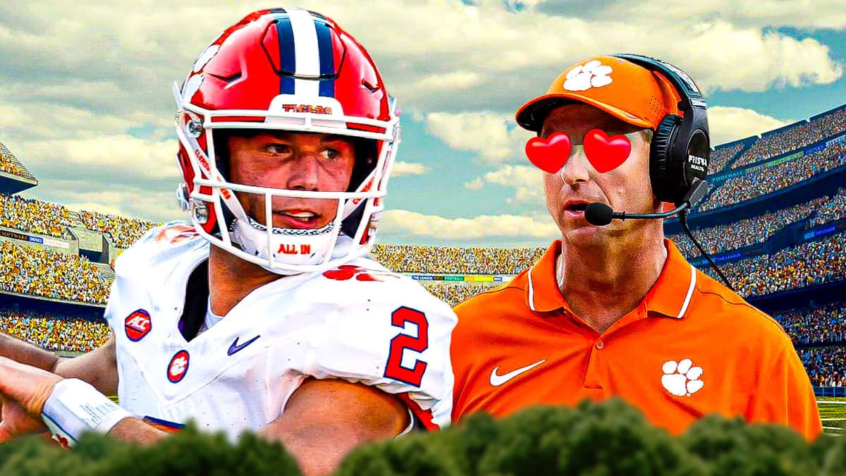 Dabo Swinney with heart eyes looking at Cade Klubnik