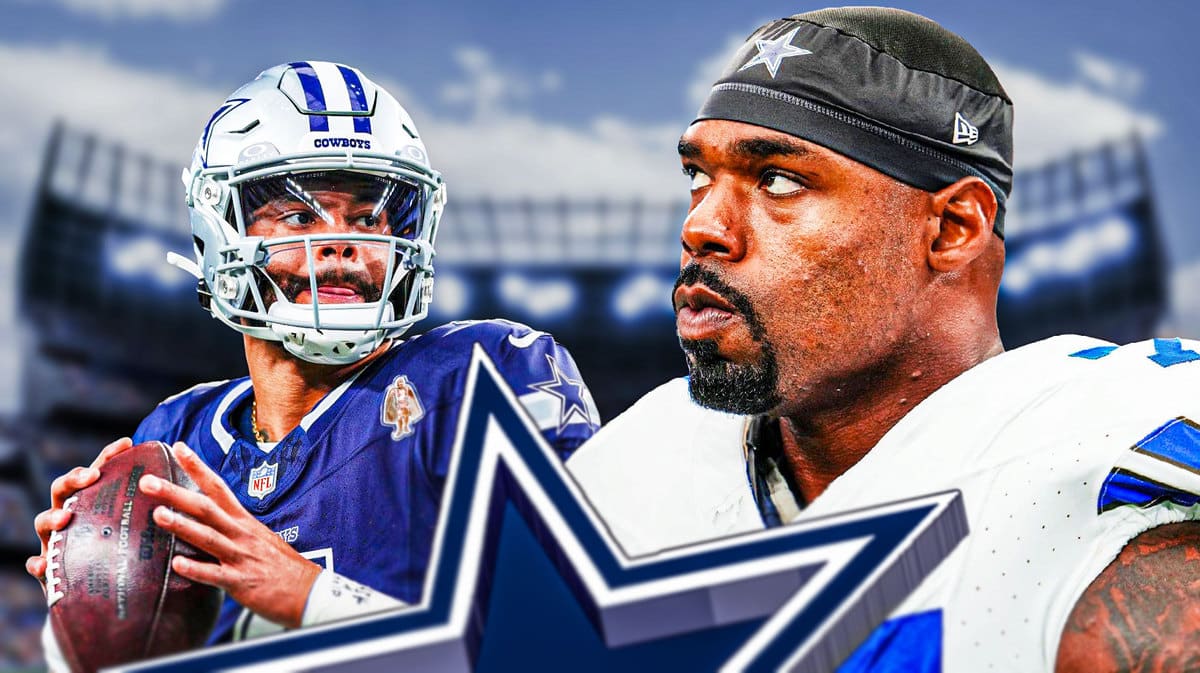 Cowboys Dak Prescott with Tyron Smith and Eagles logo