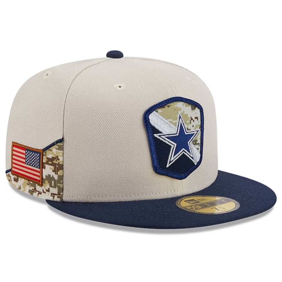 Dallas Cowboys New Era 2023 Salute To Service 59FIFTY Fitted Hat - Stone/Navy colorway on a white background.