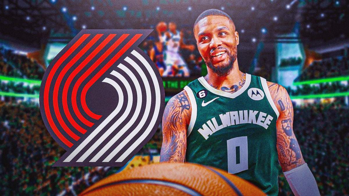 Milwaukee Bucks guard Damian Lillard on the right, with Portland Trail Blazers logo on the left.